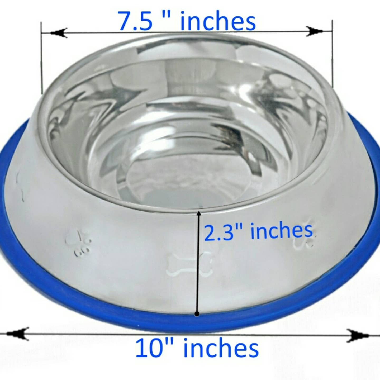 Set of 2 Etched Stainless Steel Dog Bowls with Blue Silicone Base