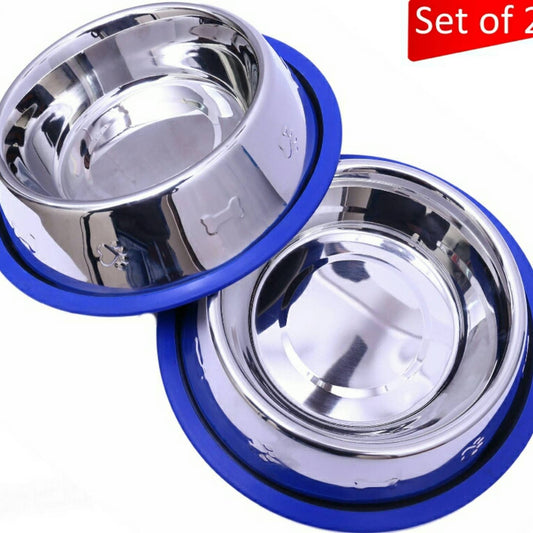 Set of 2 Etched Stainless Steel Dog Bowls with Blue Silicone Base