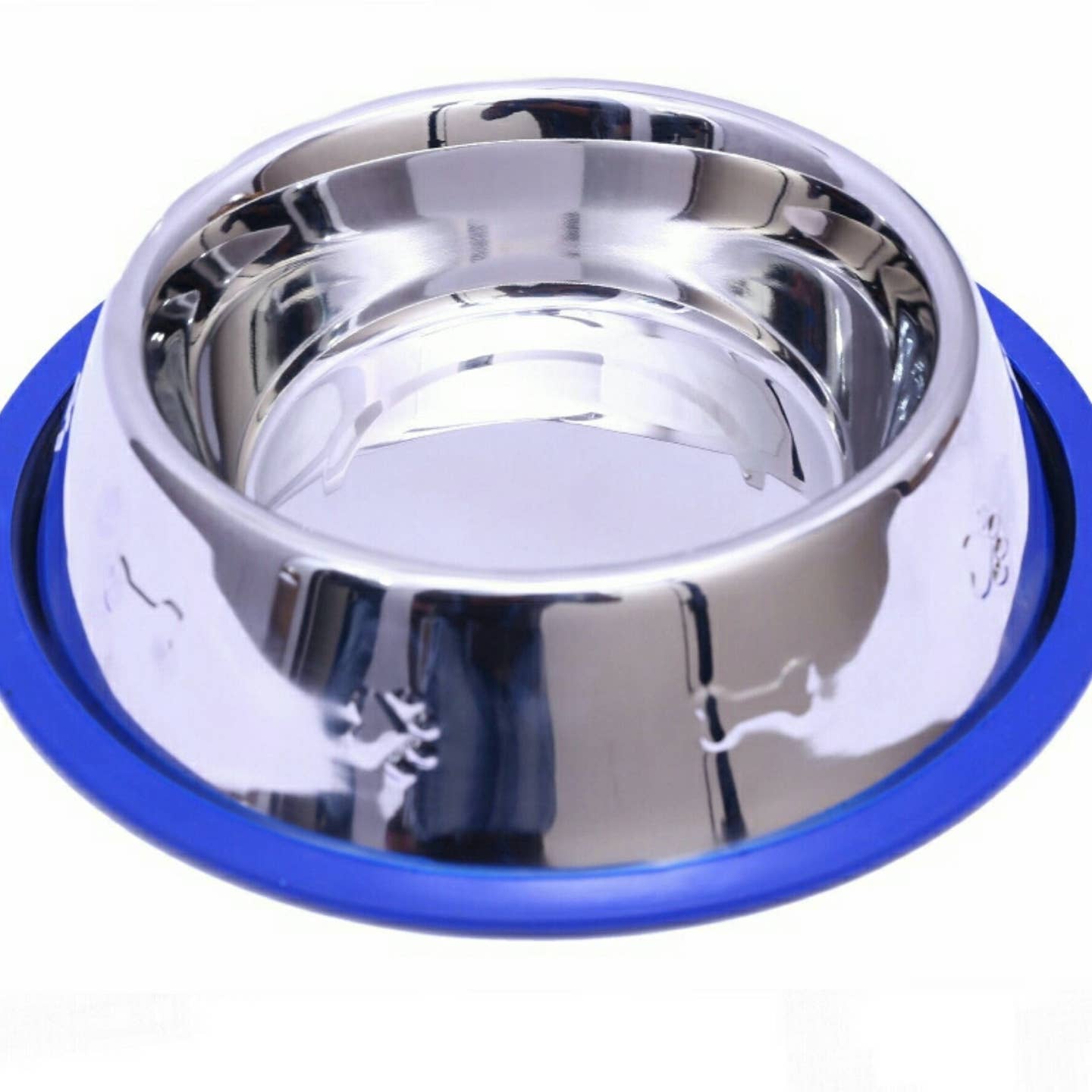 Set of 2 Etched Stainless Steel Dog Bowls with Blue Silicone Base